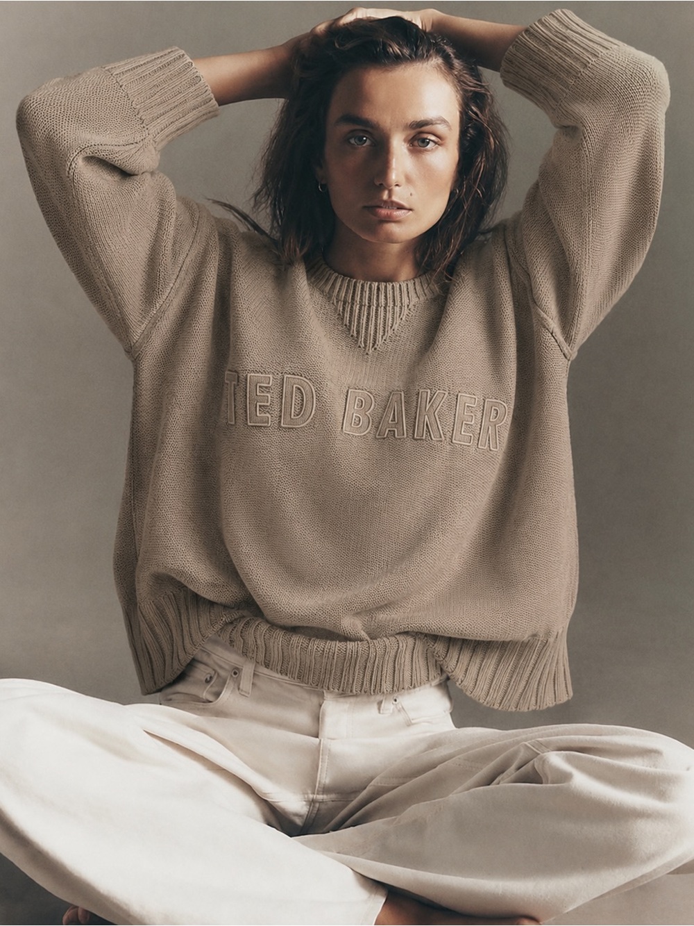 Ted Baker Lambswool Knit Sweater Beige Logo Oversized Pullover Size 5